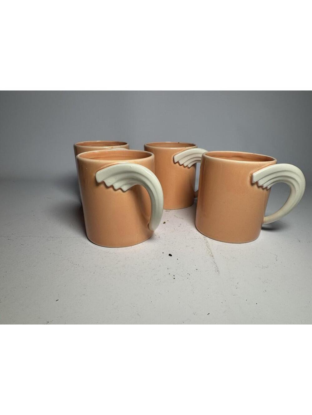(RF) Set of 4 Vintage Lefton Japan Peach Ceramic Coffee Mugs Sculpted Relief NWT